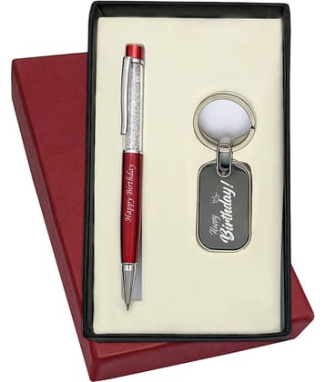 UJJi Happy Birthday Printed  2in1 Combo with Cristal Red Ball Pen with Keychain