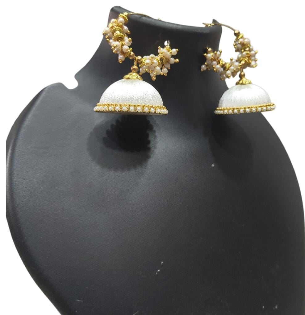 White Jhumka Earrings with Pearl and Gold Accents