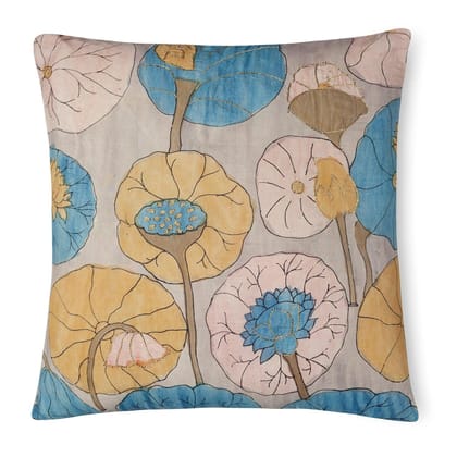 Handpainted Kalamkari Waterlily Cushion Cover Pack of 1 18x18 Inches