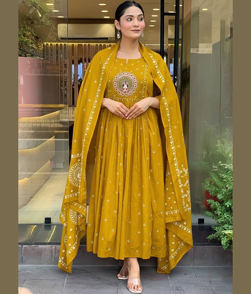 anushansa Women Viscose Embroidered Flared Kurti With Pants ( Yellow )