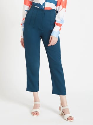 Women'S Luxury Banana Crepe Deep Teal Skin Fit Multi Pleated Trouser-28