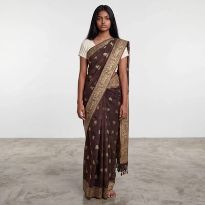 Bomkai Sonepuri Dark Brown Cotton Saree Tribal Village Pallu