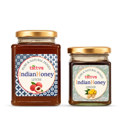 IndianHoney Buttery & Cognitive-Boosting Litchi Honey & Warming & Anti-Inflammatory Ginger Infused Honey Combo Pack (500gm & 230gm) Litchi & Ginger