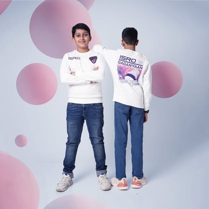 The Tiny Explorers: Official ISRO Gaganyaan White Kids Sweatshirt ( With Fleece )-4-5 years