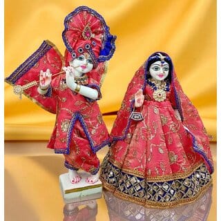 Handcrafted Radha Krishna Poshak | Maroon Yellow Banarsi Silk Deity Outfit