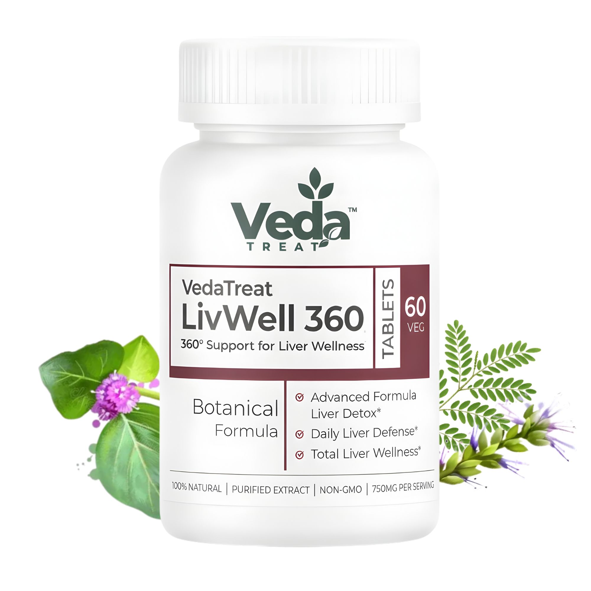 VedaTreat LivWell 360 – Ayurvedic Liver Support Tablets | With Bhumi Amla, Kutki, Kalmegh, Punarnava & Giloy | 360° Liver Wellness & Detox Support | 60 Veg Tablets
