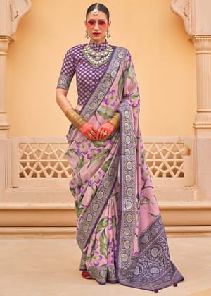 Purple And Pink Floral Printed Soft Silk Saree