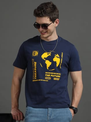 Men THE FUTURE Printed Regular Fit T-Shirt-S / Navy Blue