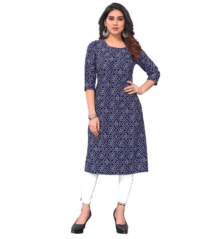 Women's Casual 3/4th Sleeve Bandhani Printed Crepe Kurti (Navy Blue, M)-PID46097