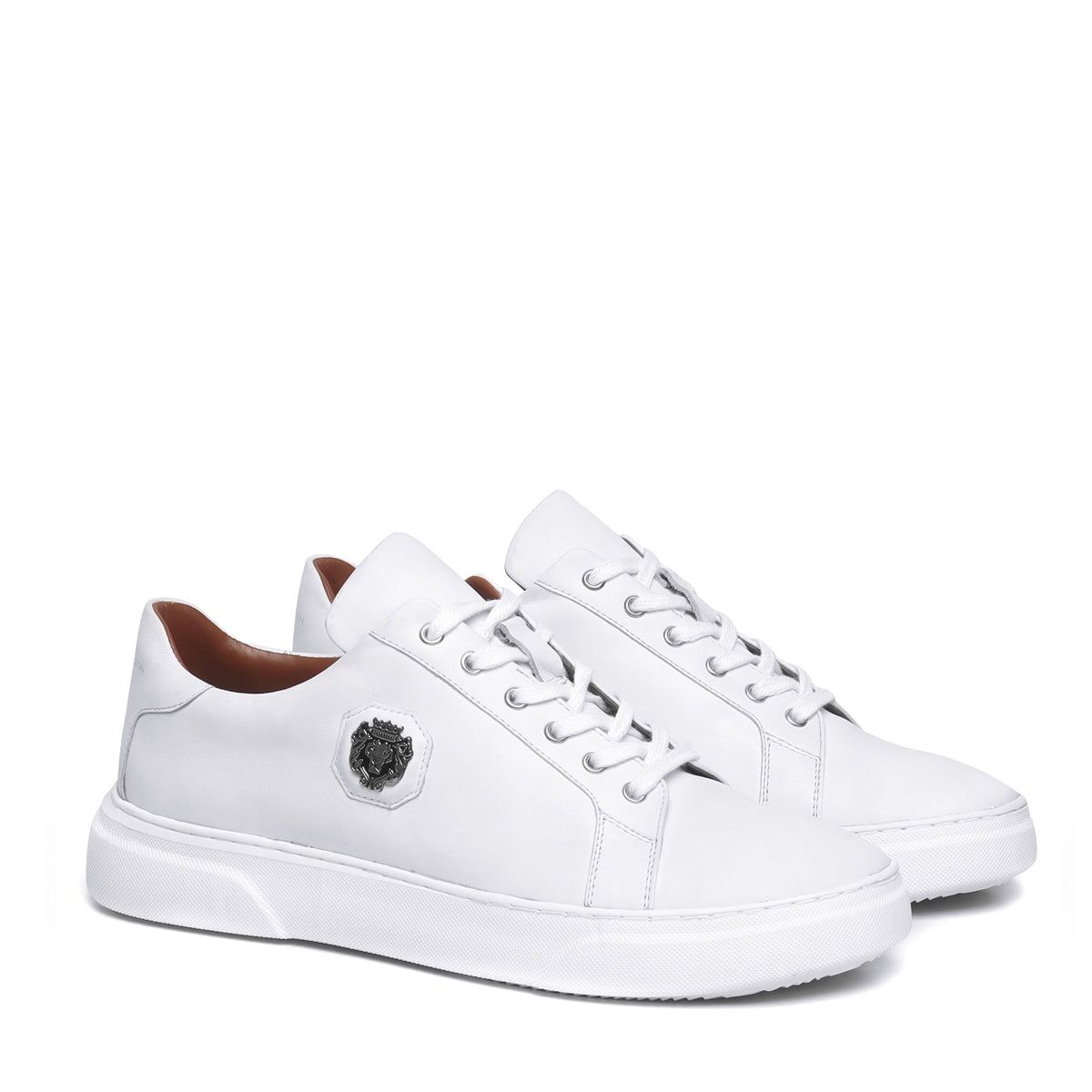 White Leather Sneakers with Metal Lion logo on Quarter-40/6