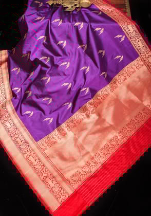Twin Parrot Butta Shikaargah Banarasi  Saree in Purple and Red | Silk Mark Certified