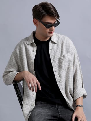 Premium Men LINEN Shirt, Relaxed Fit, Yarn Dyed Check, Full Sleeve, Beige-XL / Beige Checks
