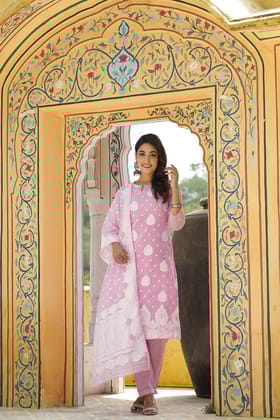 Pink Poly Chanderi Ethnic Motifs Straight Suit Set PKSKD1176
