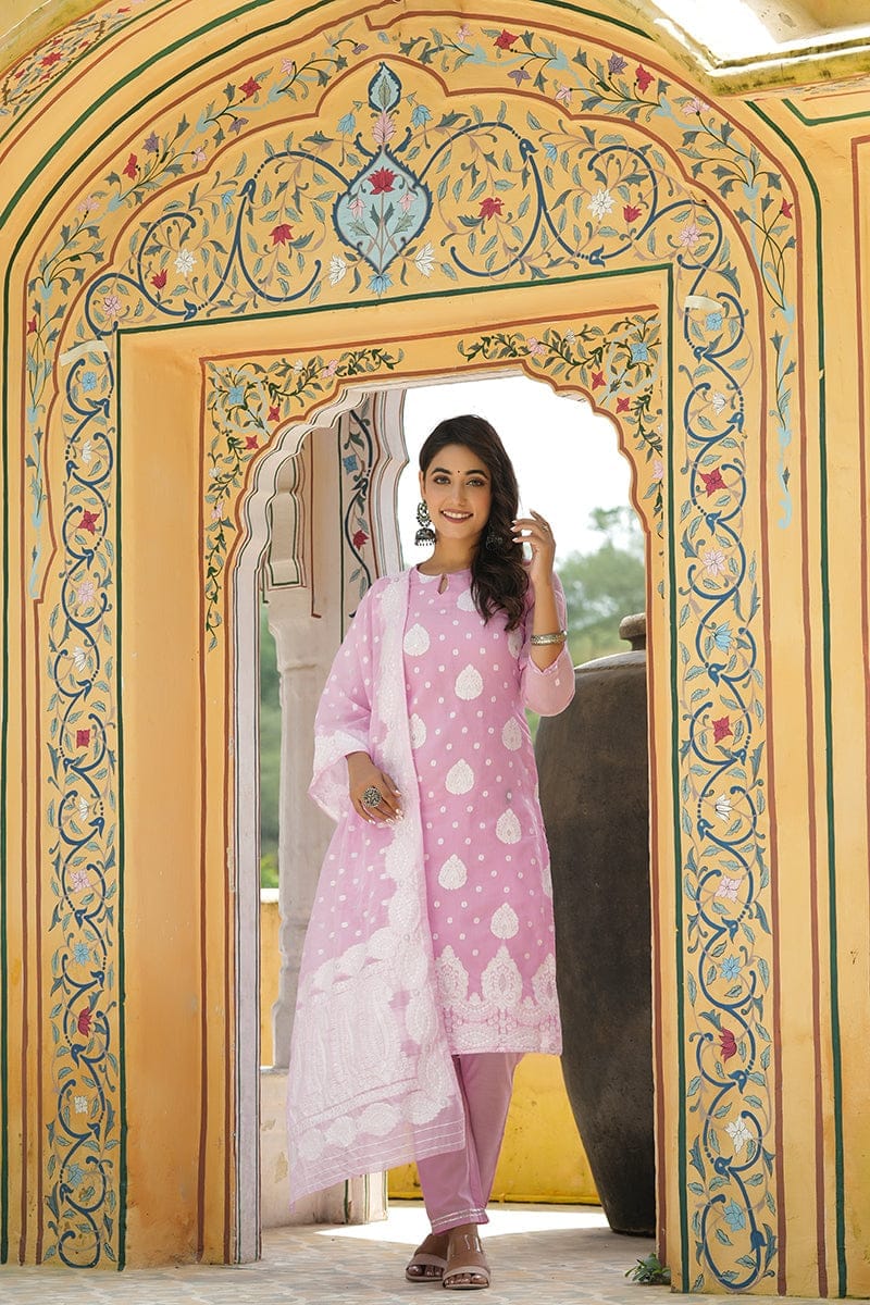 Pink Poly Chanderi Ethnic Motifs Straight Suit Set PKSKD1176