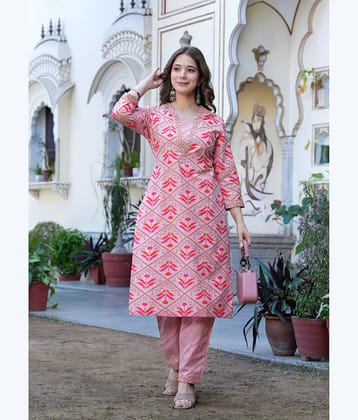 VASTRANARI Women Cotton Embroidered Straight Kurti With Pants ( Multicolor )