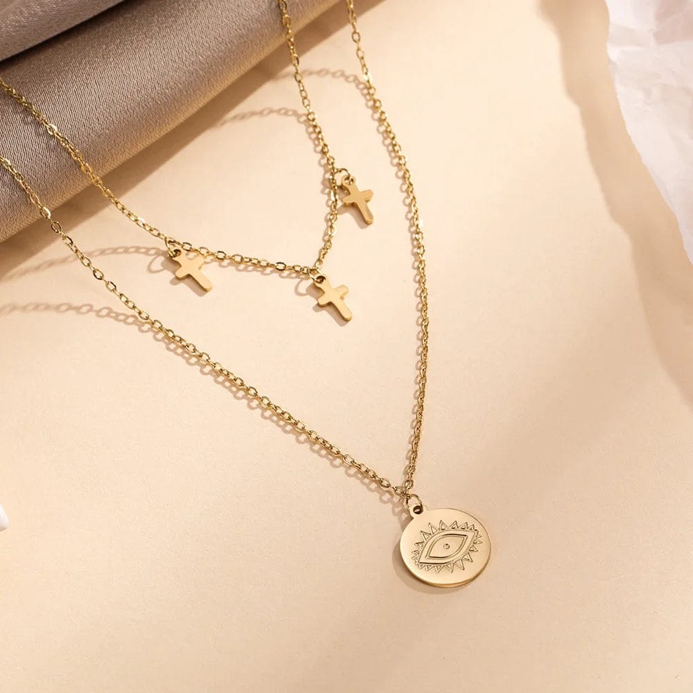 Women Sexy Necklace Double Layer Devil Eye Necklace Stainless Steel With Cross Latest Model Fashion Necklace