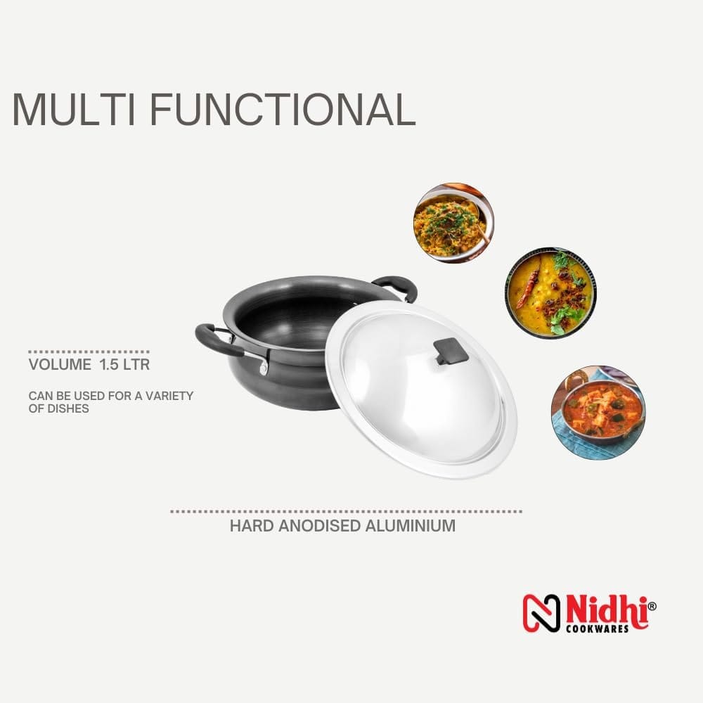 NIDHI HARD ANODISED HANDI WITH SS LID I 1.5 LTR I 3MM THICKNESS (Non-toxic, Non reactive/black)