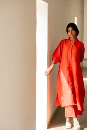 Scarlet Linen Button Down Kurta-S