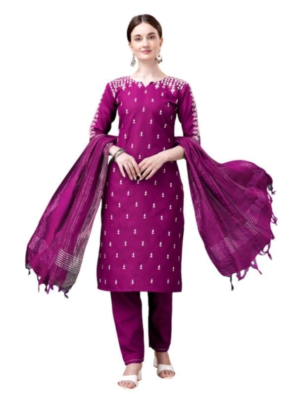 Women's Casual 3-4 th Sleeve Embroidery Cotton Kurti Pant Dupatta Set (Purple, M)-PID50267