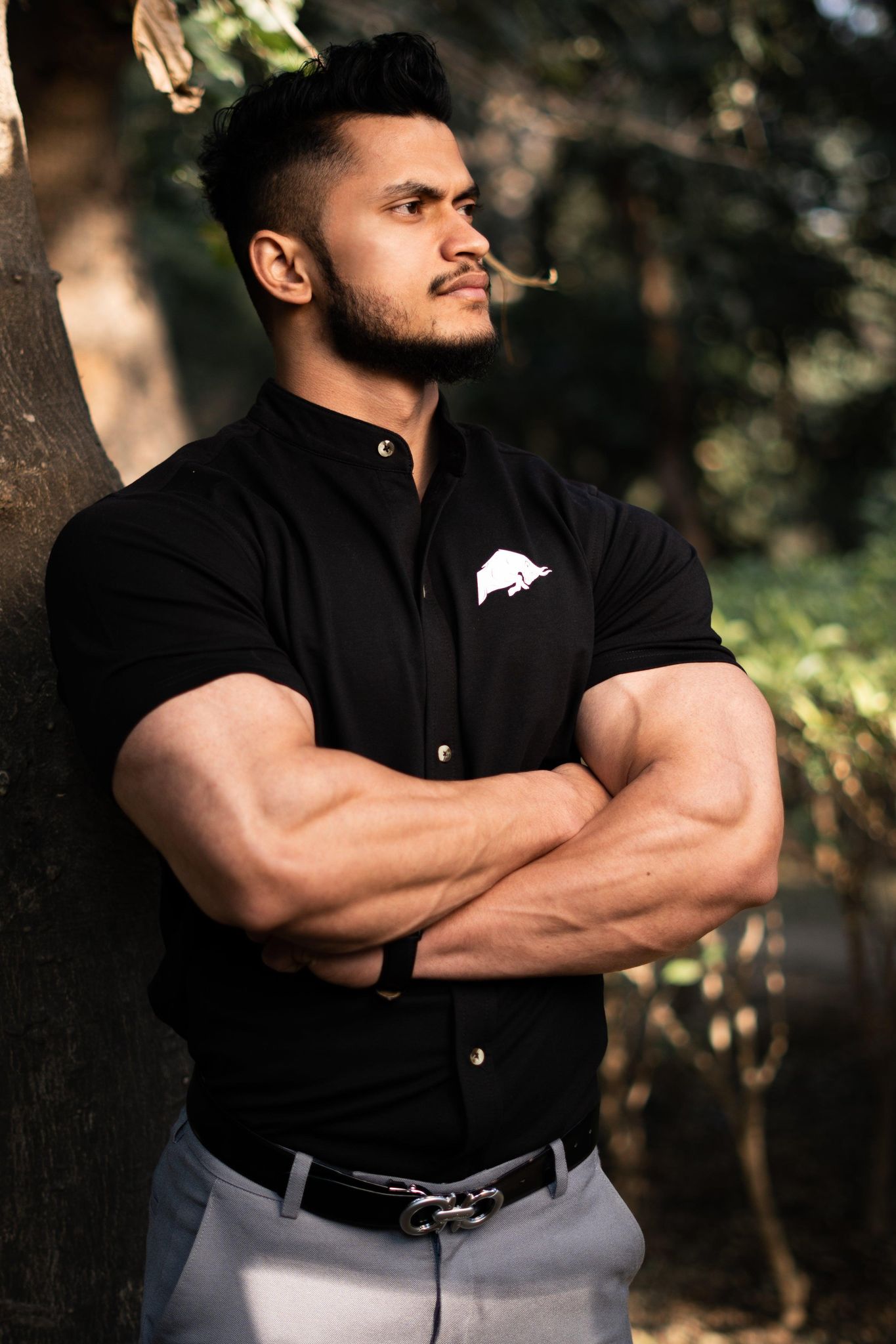 WILD VERVE SLIM STRETCH BLACK GRANDAD COLLAR SHIRT-SHORT SLEEVE / S