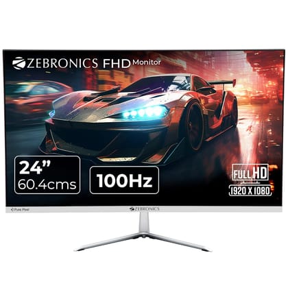 Zebronics A24FHD LED Monitor 24inch (60.96cm), 250 nits, 100Hz, Slim Design, FHD, 1080p, Wall Mountable, HDMI, VGA- White