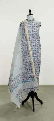 Handwoven Kota Doria Dress Material with Hand Embroidery, Slate Blue