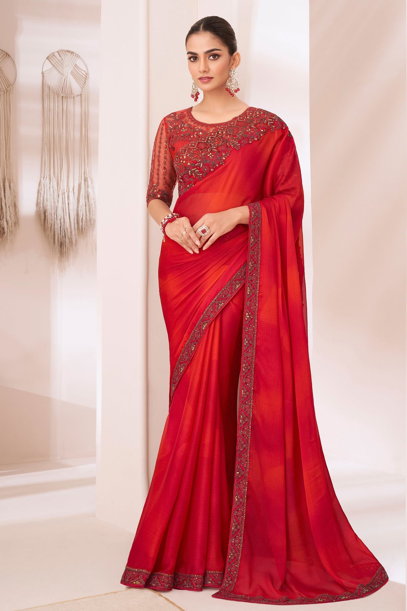 Red Embroidered Chiffon Saree