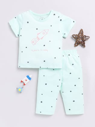 SeaGreen Rocket Print Half Sleeve Night Suit-9-12 m
