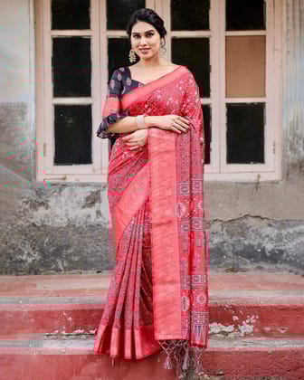 Fiery Red Tussar Silk Saree with Ornamental Motifs and Detailed Zari Pallu-Regular