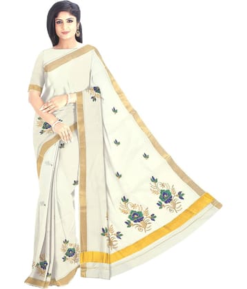 BRINDAVAN CREATIONS Kerela Cotton Embroidered Saree With Unstitched Blouse Piece ( Beige )