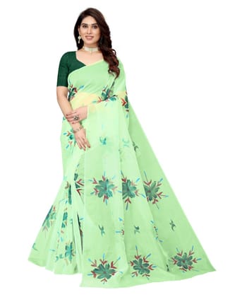Generic Women's Organza Floral Pattern Sarees (Parrot Green, 5 - 6 Mtrs)
