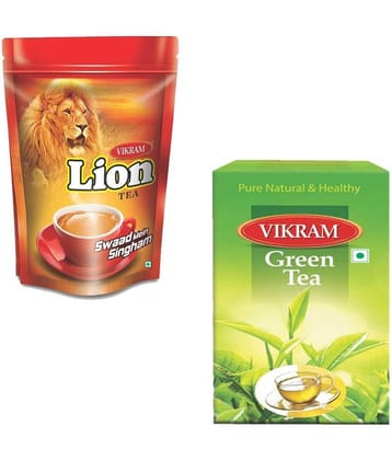 Vikram Lion Dust 1 Kg Assam Tea Powder  +Green Tea 100 gm Pack of 2