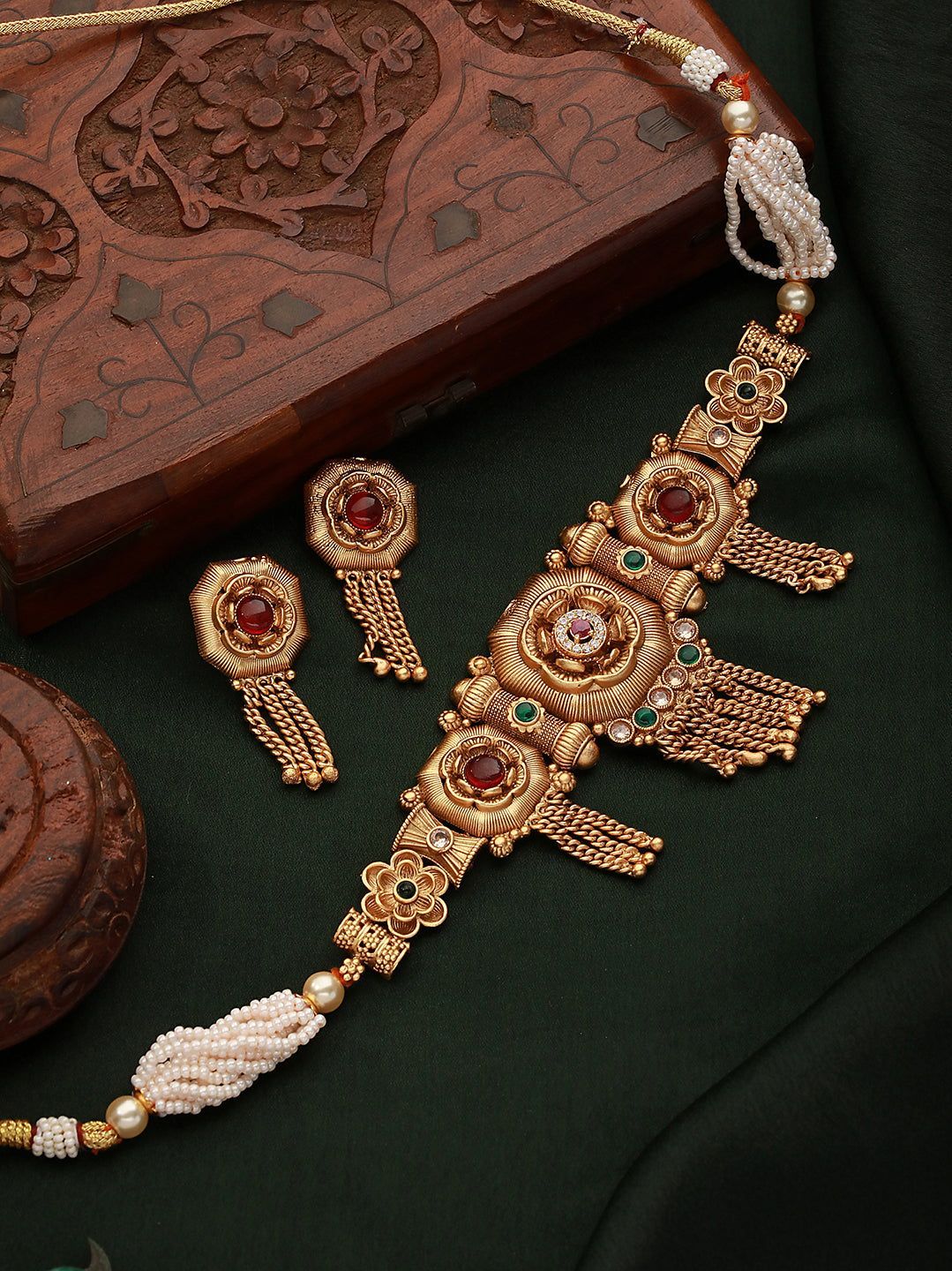 Women GoldPlated Red KempStudded Temple Jewellery Set