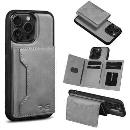 The Wallet Store Premium Leather iPhone Case Cover With Detachable Cardholder - Grey - iPhone 15 Pro Max