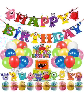 Zyozi Little Monster Birthday Decorations Monster Banner Balloons Cupcake and Cake Toppers for Little Monster Birthday Party Supplies (Pack of 37)