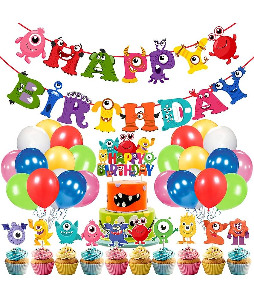 Zyozi Little Monster Birthday Decorations Monster Banner Balloons Cupcake and Cake Toppers for Little Monster Birthday Party Supplies (Pack of 37)
