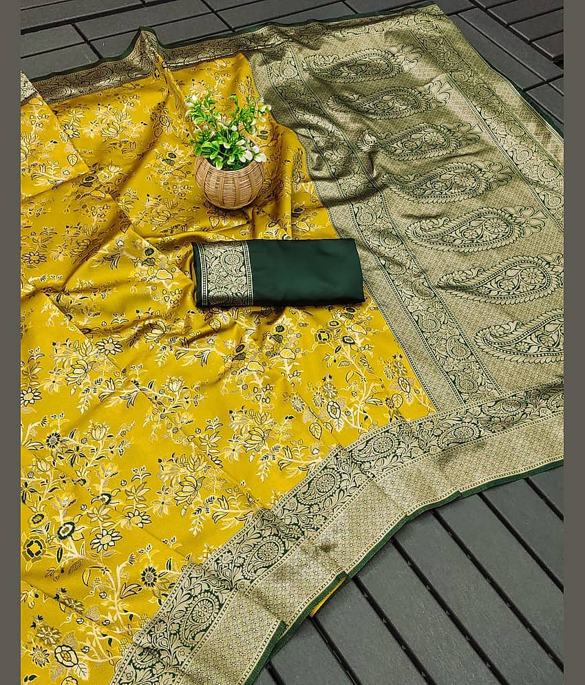 fab woven Art Silk Woven Kanjeevaram Sarees With Unstitched Blouse Piece ( Yellow )