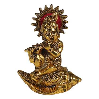 DreamKraft White Metal Gold Polish Lord Krishna on Shankh Idol Showpiece (Size: 9.7cm X 12cm - Golden)