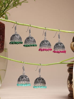 NVR Women Pair of 3 Oxidized Silver Plated Multicolor Artificial Beads Jhumka Earrings-One Size / Multi / German Silver