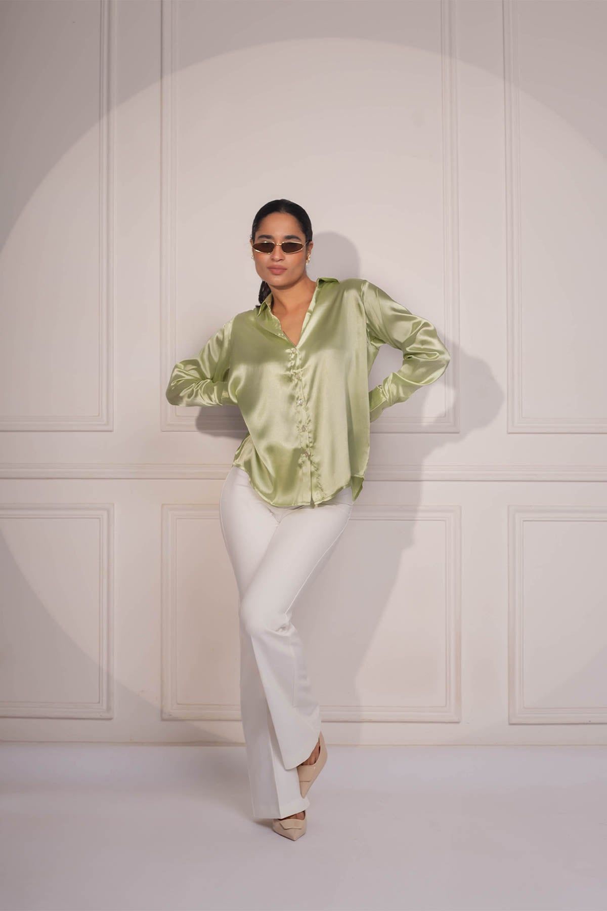 Topaz Satin Shirt: Pistachio-XS