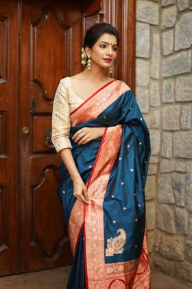 Prussian Blue Banarasi Katan Silk Saree with Chunri Buttis and Koniya Motifs | SILK MARK CERTIFIED