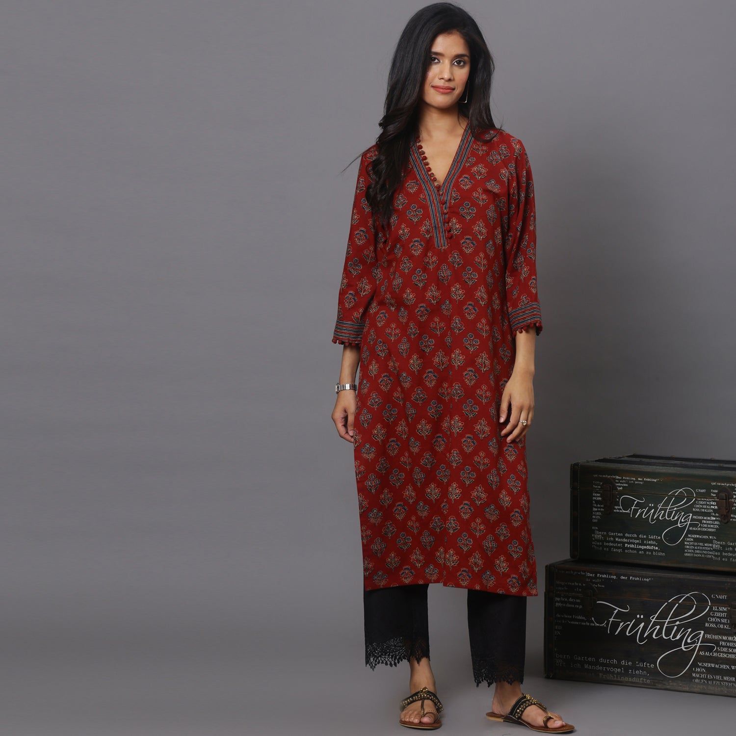 Maroon printed kurta-XS