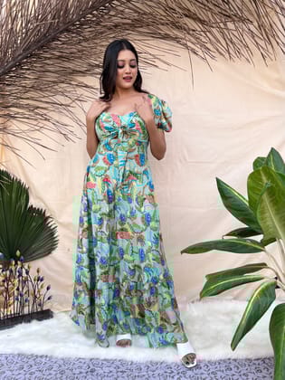 Bird Printed Boho Maxi Dress-S