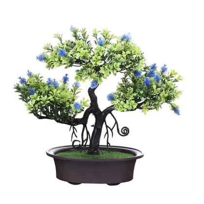 FOLIYAJ Artificial 3 Head Tree with Green Leaves and Blue Flowers with Pot|Bonsai Tree|Artificial Flower|with Pot|Home D�cor for Living Room Home Office Shop|House|Gift|Decoration
