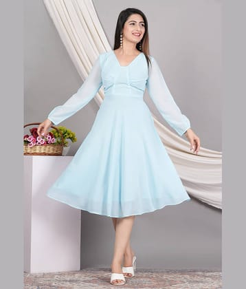 Akiko Women Georgette Solid Fit & Flare Dress ( Blue )