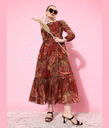 Miss Chase Women Polyester Printed Fit & Flare Dress ( Brown )