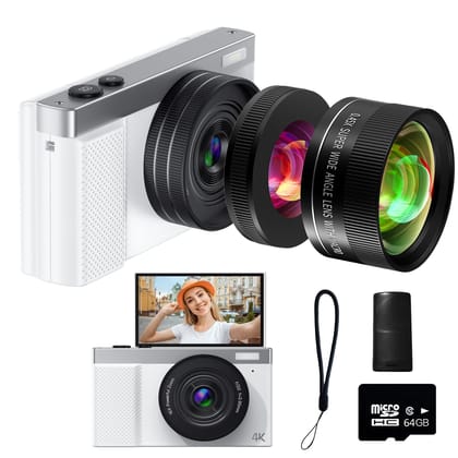 TZZPL 4K Digital Camera, 64MP Vlogging Camera with 3'' 180°Flip Screen, Macro and Wide-Angle Lenses, 16X Zoom, White TZZPL 4K Digital Camera, 64MP Vlogging Camera with 3'' 180°Flip Screen, Macro and Wide-Angle Lenses, 16X Zoom, White - White TZZPL 4K Digital Camera, 64MP Vlogging Camera with 3'' 180°Flip Screen, Macro and Wide-Angle Lenses, 16X Zoom, White TZZPL 4K Digital Camera, 64MP Vlogging Camera with 3'' 180°Flip Screen, Macro and Wide-Angle Lenses, 16X Zoom, White - White