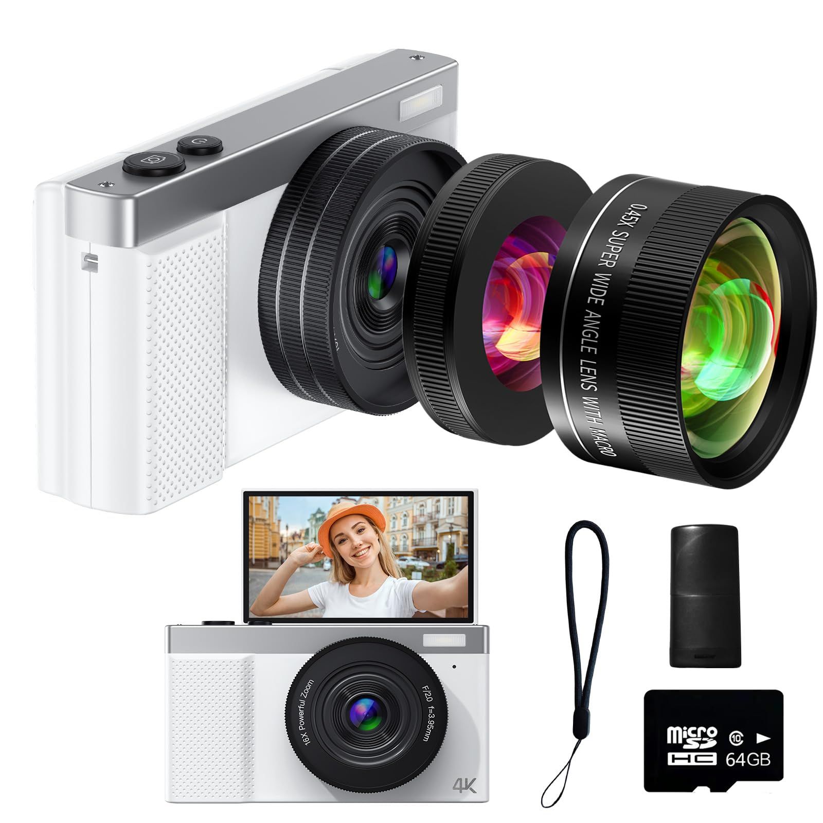 TZZPL 4K Digital Camera, 64MP Vlogging Camera with 3'' 180°Flip Screen, Macro and Wide-Angle Lenses, 16X Zoom, White TZZPL 4K Digital Camera, 64MP Vlogging Camera with 3'' 180°Flip Screen, Macro and Wide-Angle Lenses, 16X Zoom, White - White