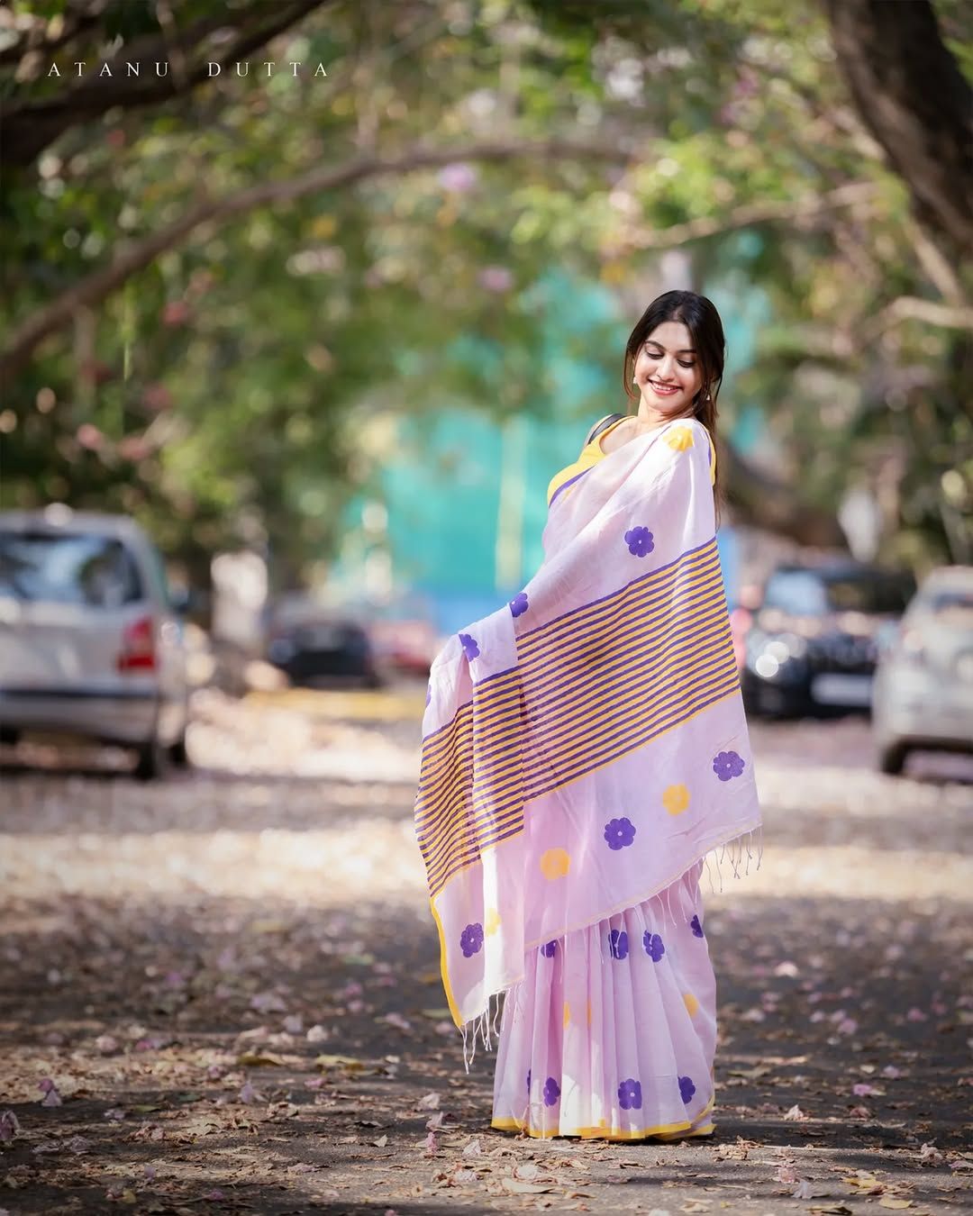 Pastel Perfection: Soft Lavender Linen Saree with Yellow Stripes & Floral Print | New  Arrival