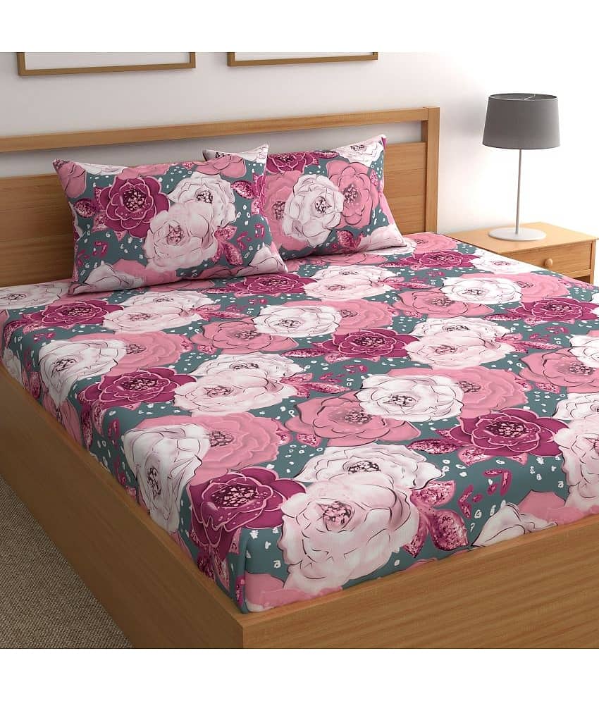 CG HOMES Microfibre Abstract Fitted Fitted bedsheet with 2 Pillow Covers ( Double Bed ) - Pink